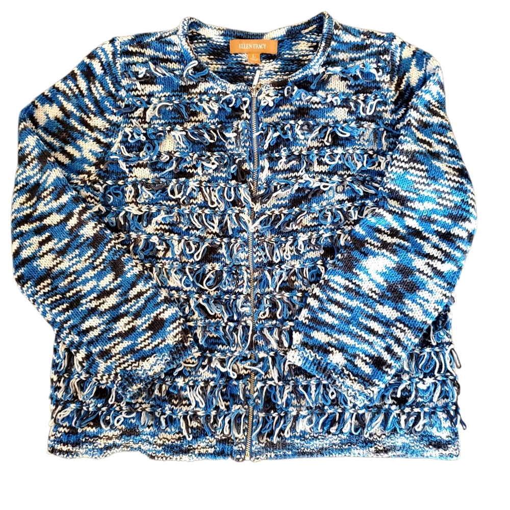 Ellen Tracy Blue & White Textured Loop Knit Fall Cardigan, Front Zipper Large